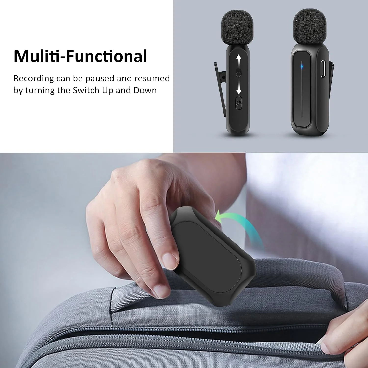 Ecomxia 2 Pcs Wireless Lavalier Microphone for iPhone iPad Android with Charging Case 7H Clip on Lapel Microphone Wireless for Video Recording Vlogging, YouTube, Interview, 3 Mode Denoise, 70ft product image 5
