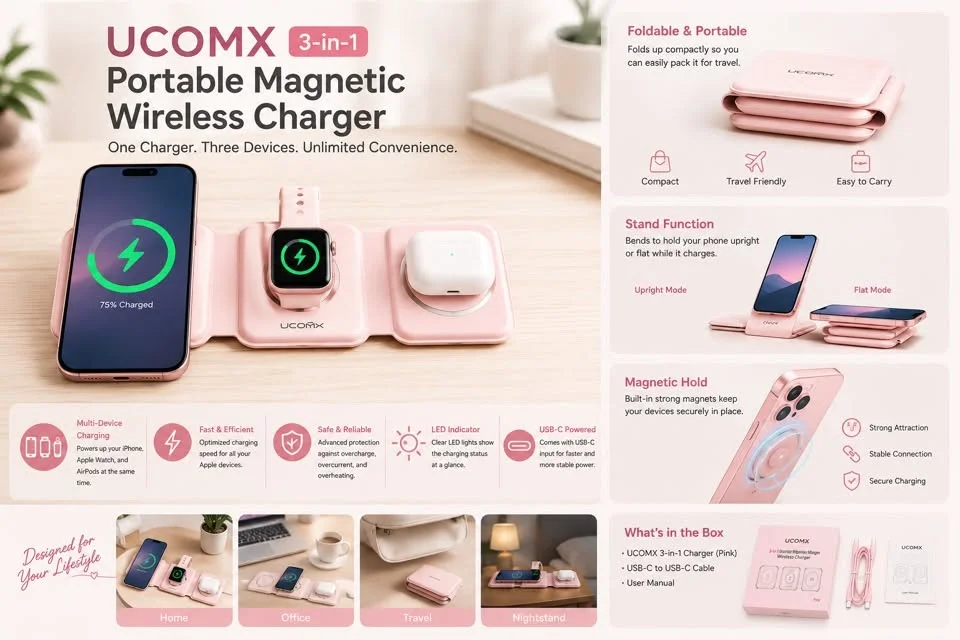 UCOMX- Foldable Travel 3-in-1 Magnetic Wireless Charger Portable Charging Station Pink color