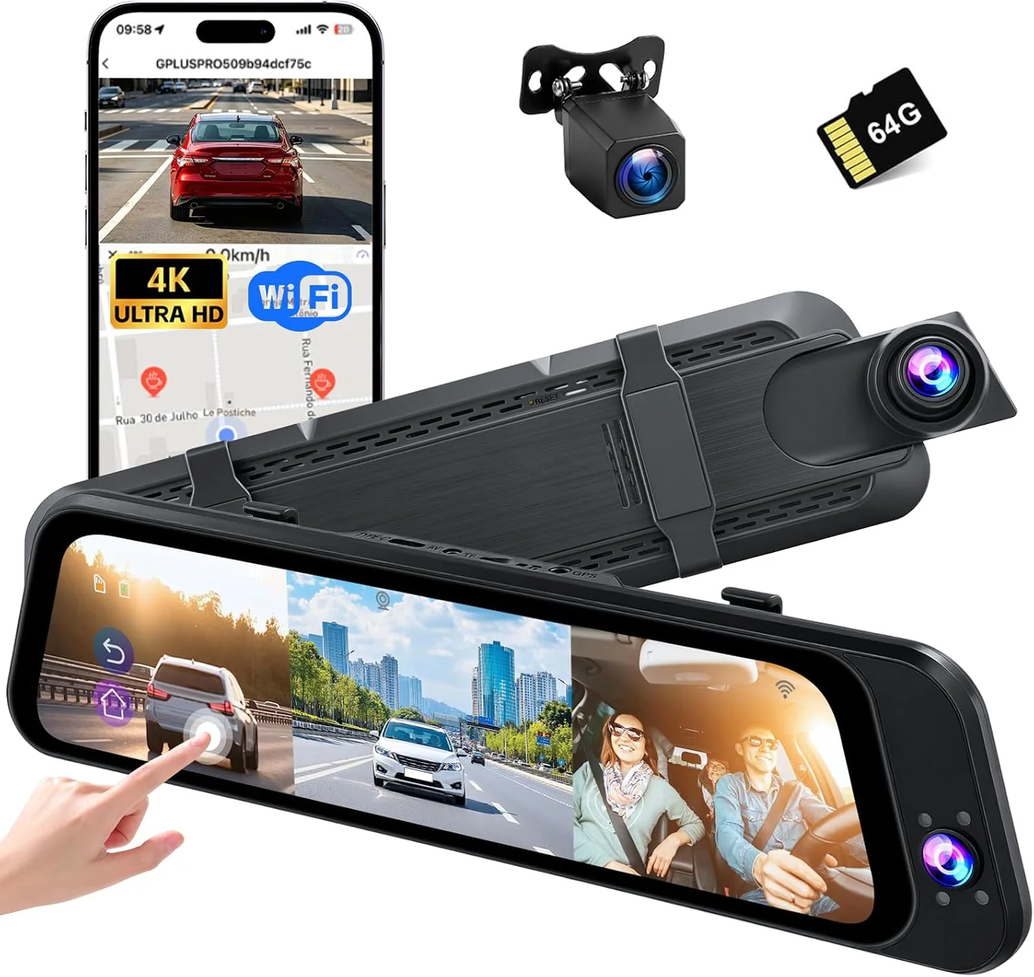 [4K+2K+2K] 9.66" IPS Touchscreen, Dash Cam Front and Rear, WiFi &APP, ADAS