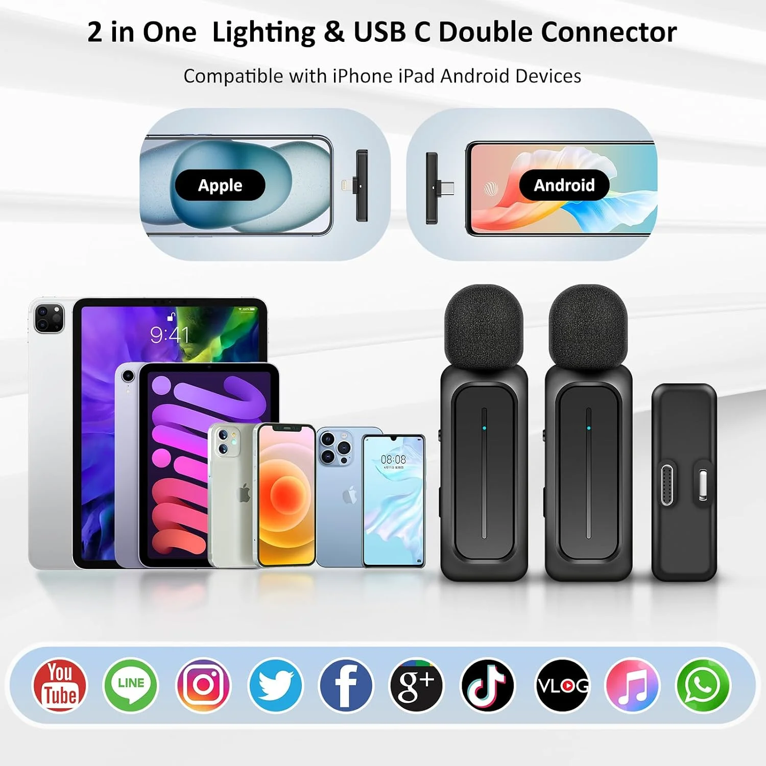 Ecomxia 2 Pcs Wireless Lavalier Microphone for iPhone iPad Android with Charging Case 7H Clip on Lapel Microphone Wireless for Video Recording Vlogging, YouTube, Interview, 3 Mode Denoise, 70ft product image 6