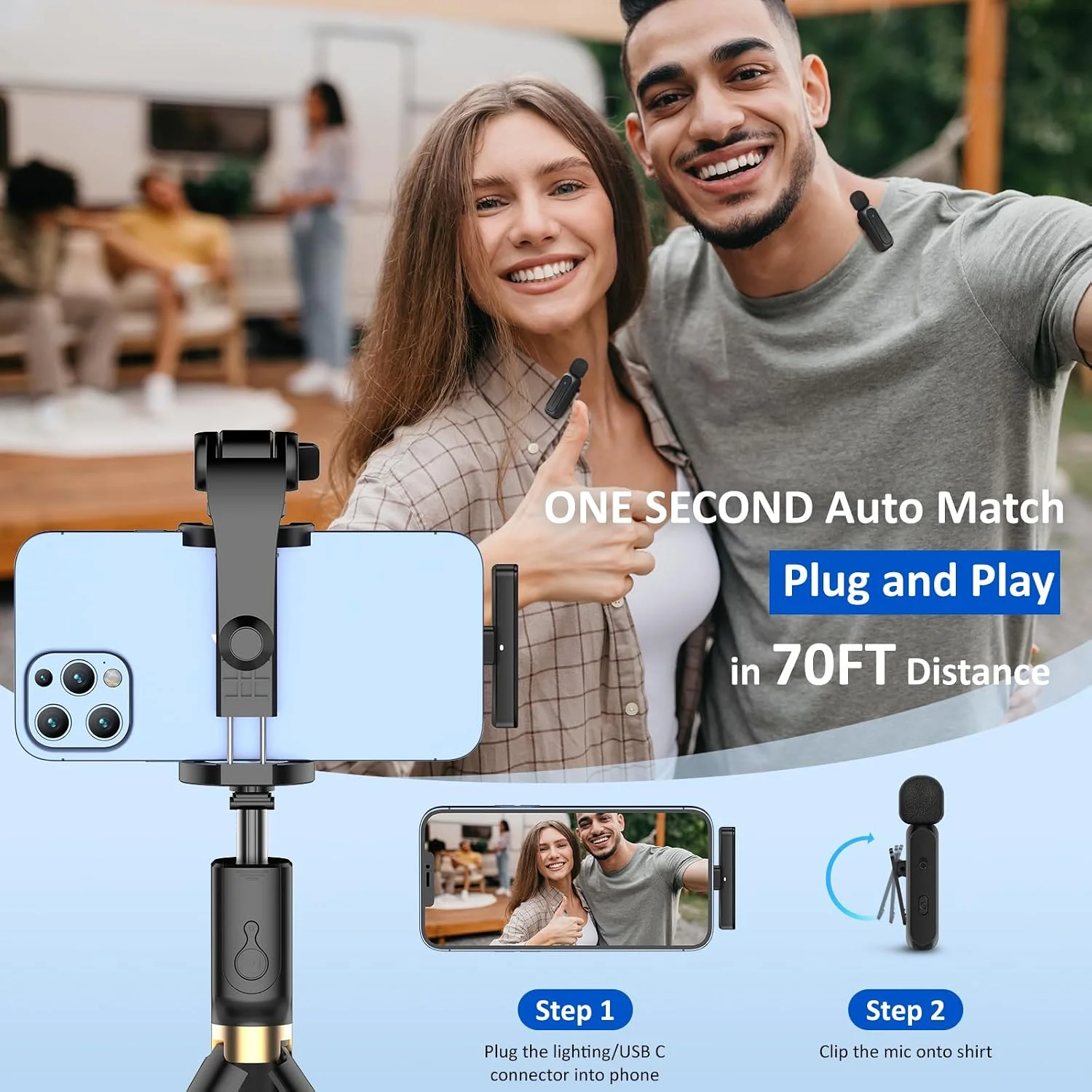 Ecomxia 2 Pcs Wireless Lavalier Microphone for iPhone iPad Android with Charging Case 7H Clip on Lapel Microphone Wireless for Video Recording Vlogging, YouTube, Interview, 3 Mode Denoise, 70ft product image 7