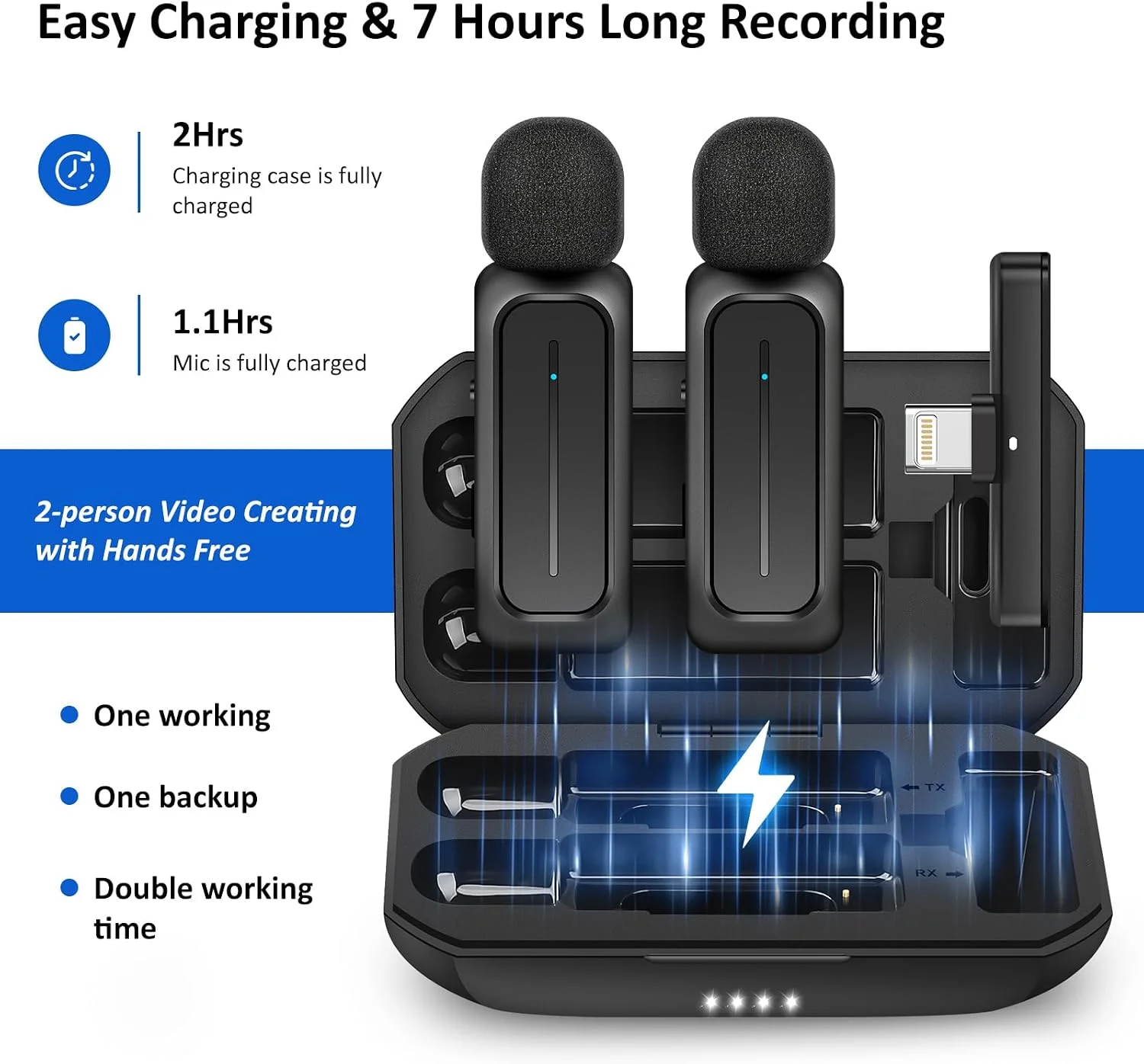 Ecomxia 2 Pcs Wireless Lavalier Microphone for iPhone iPad Android with Charging Case 7H Clip on Lapel Microphone Wireless for Video Recording Vlogging, YouTube, Interview, 3 Mode Denoise, 70ft product image 2